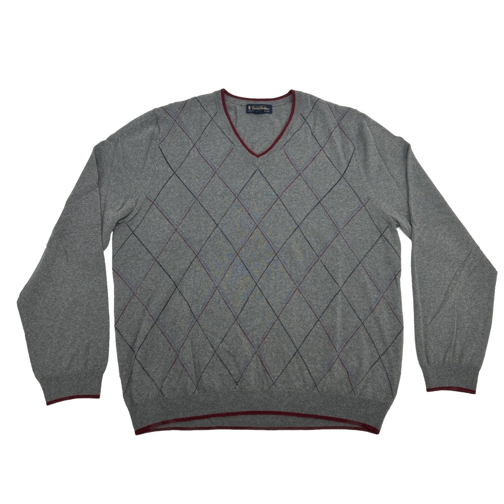 Brooks Brothers Sweater Men XL Gray Argyle V-Neck‎ Italian Merino Wool